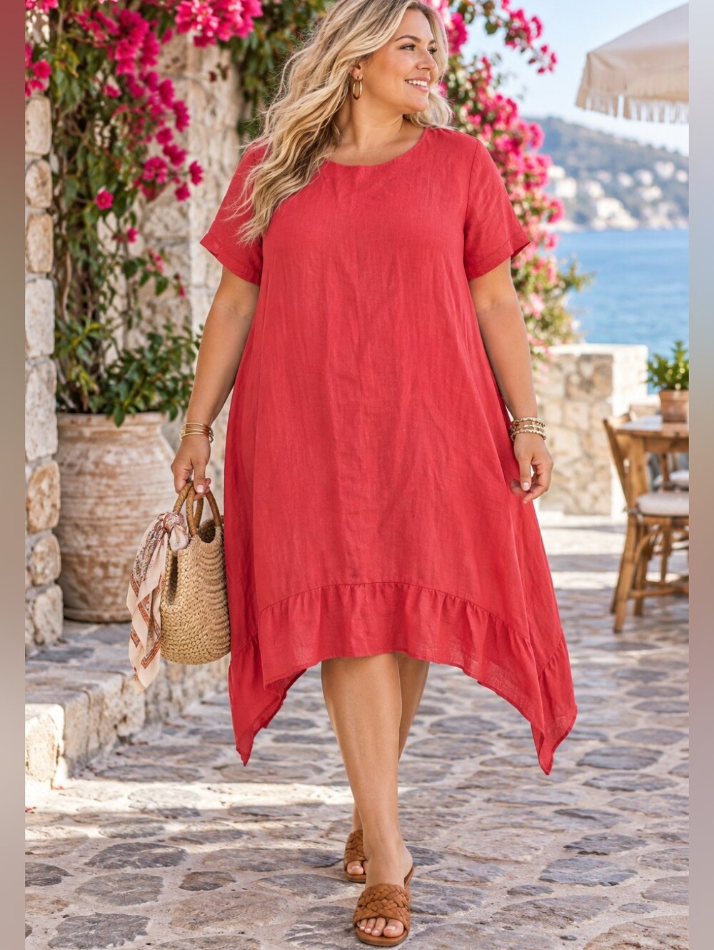 100% Linen Plus-Size 2x: Red Elongated Sides Linen Dress with Short Sleeves